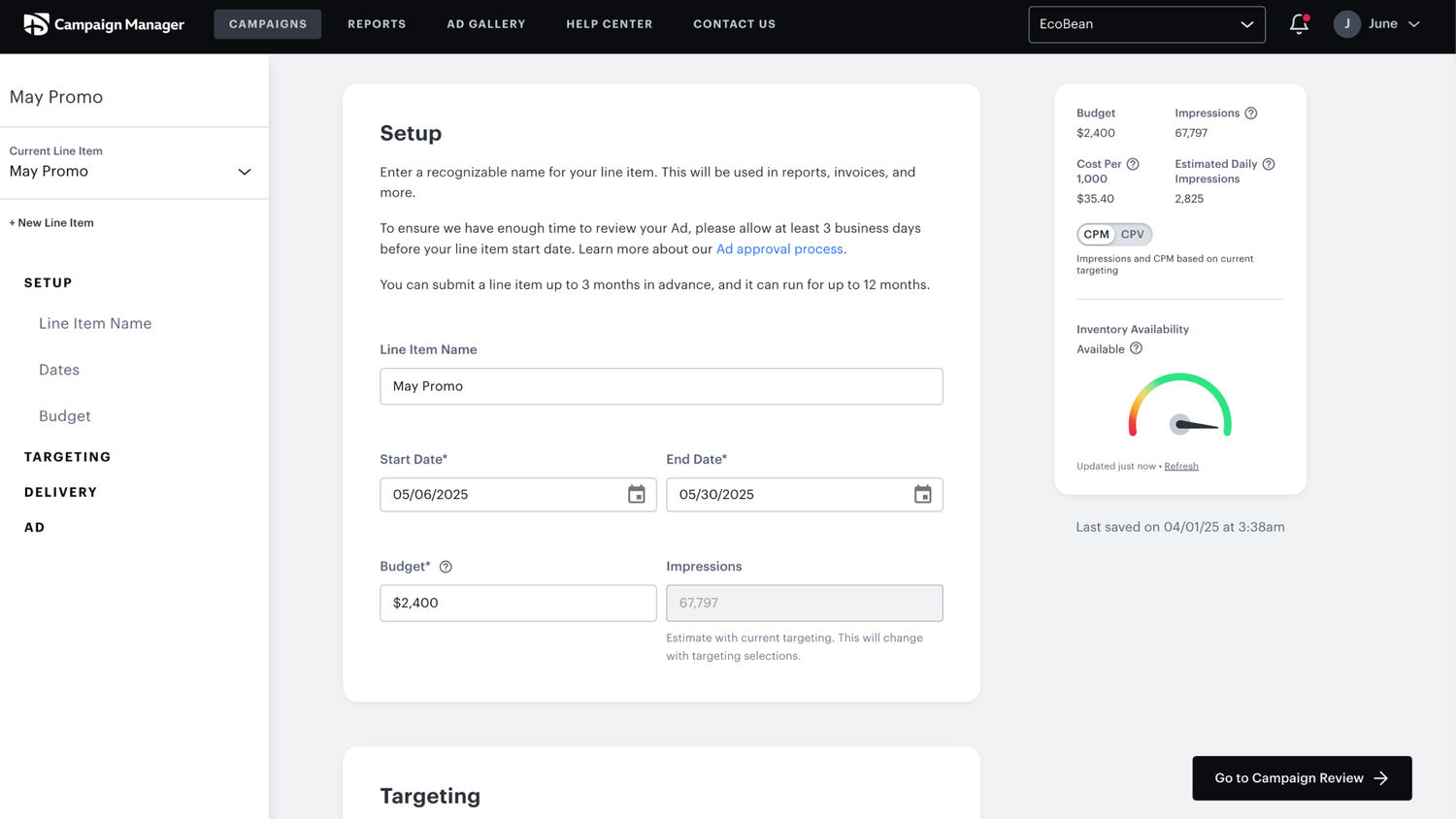 Campaign creation interface