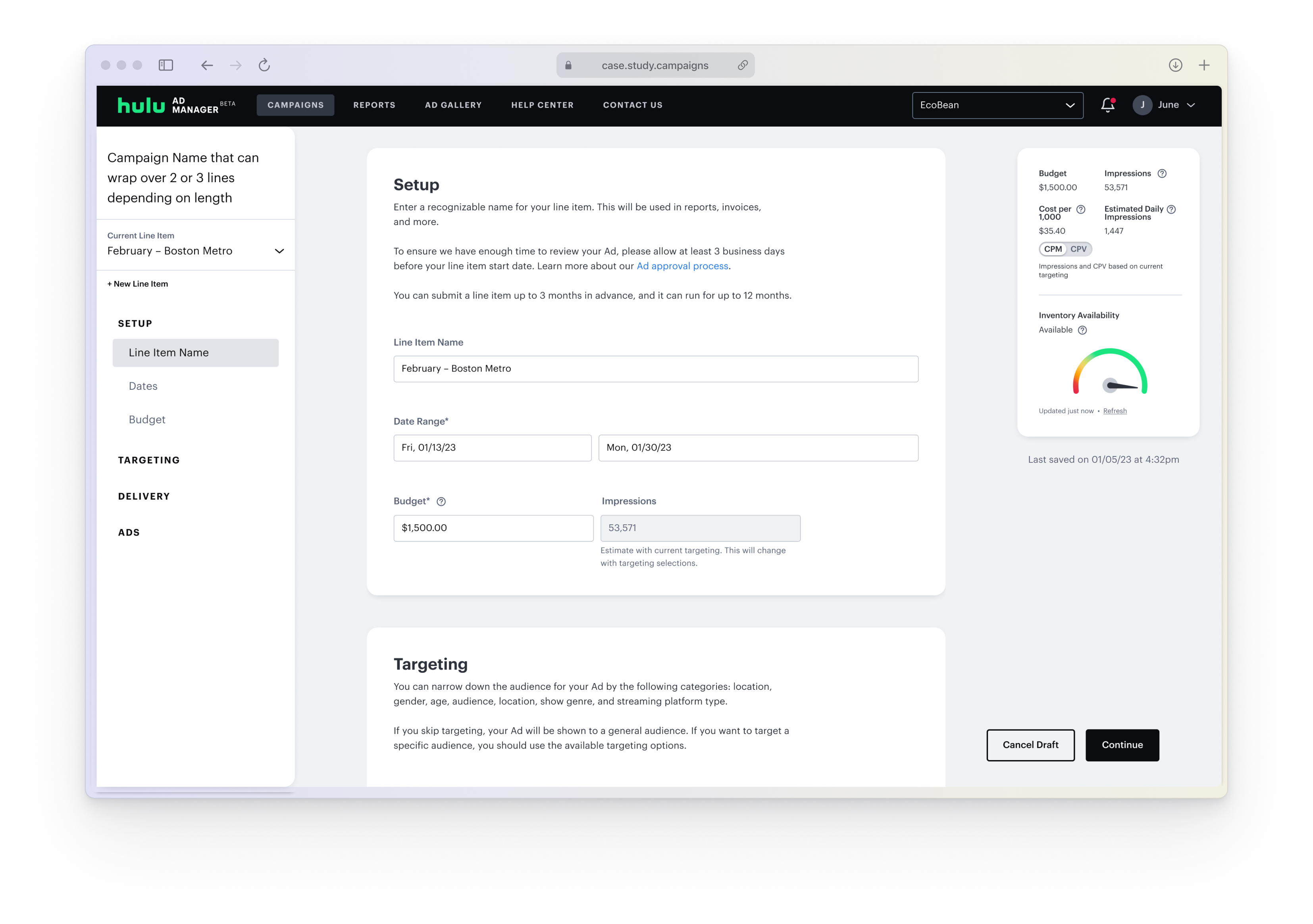 Campaign creation interface