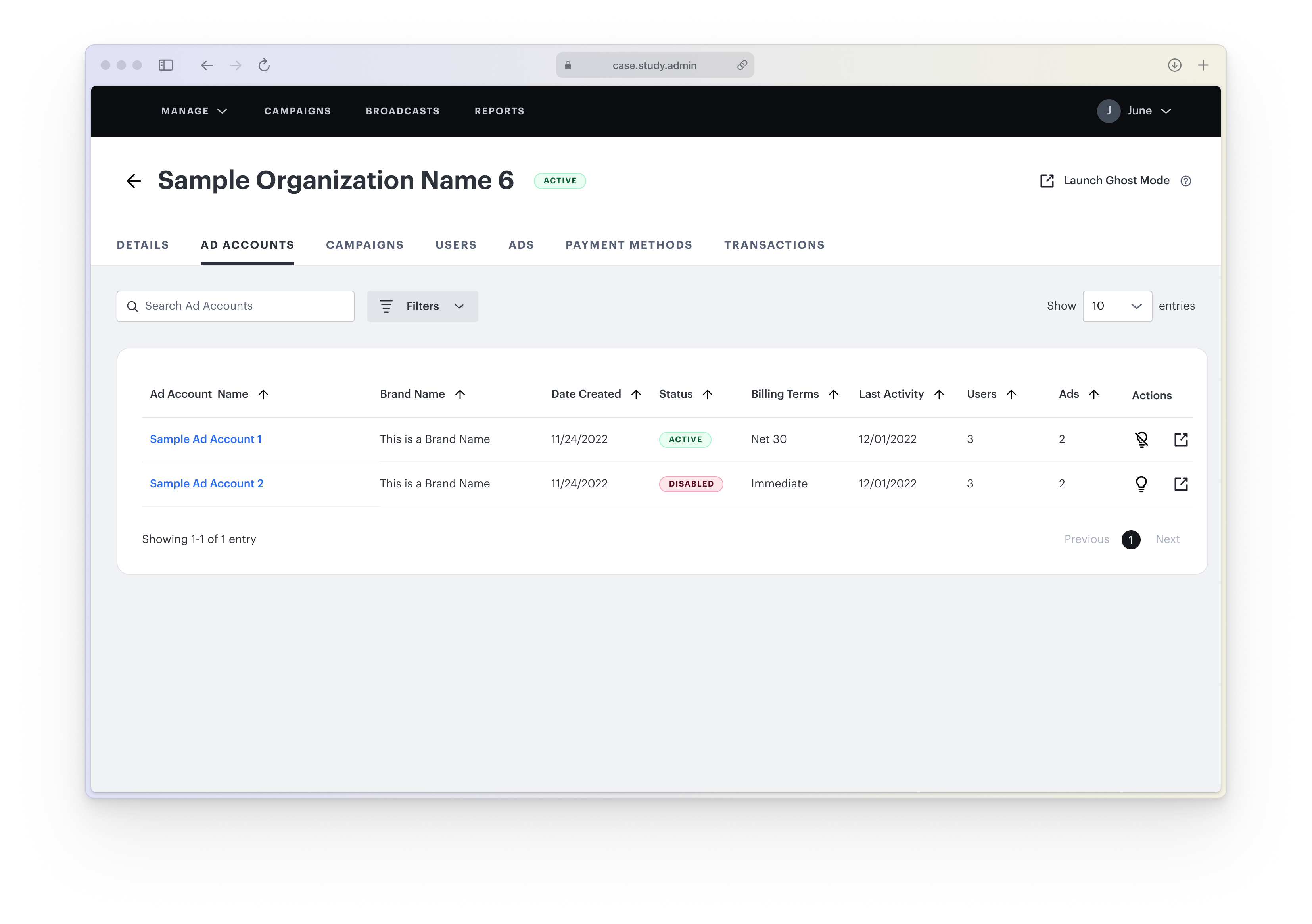 Admin portal interface